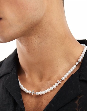 pearl necklace with silver plated cross charms